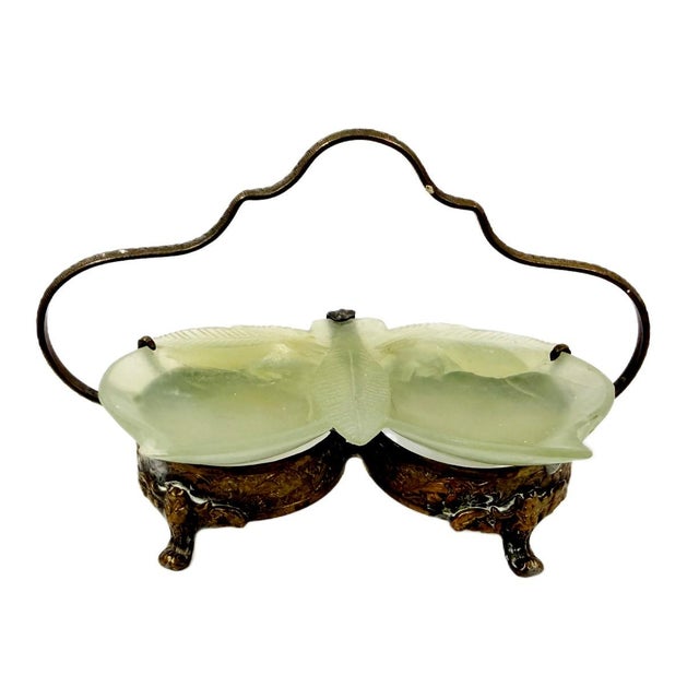 Early 20th Century Chinese Export Carved Celadon Jade & Brass Butterfly Peach Dish Add a layer of symbolic history and...