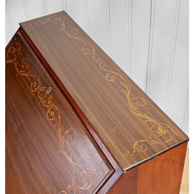 Antique Victorian Mahogany Inlaid Fruitwood Drop Front Secretary Desk For Sale - Image 10 of 11