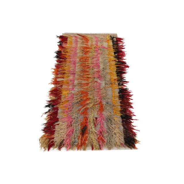 Traditional Vintage Tulu Shag Runner in Beige, Multicolor High-Low Pile Stripes For Sale - Image 3 of 5