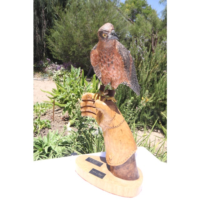 American American Harrier Hawk & Gloved Handler 2003 – Carved Wooden Sculpture Signed Bradford King For Sale - Image 3 of 16