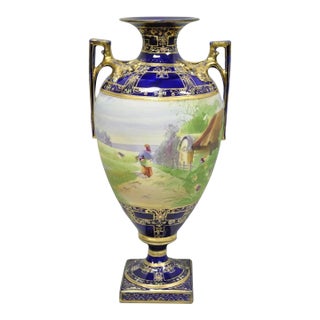 Antique Nippon Hand Painted Cobalt Blue Porcelain Twin Handle Bolted Urn Vase For Sale