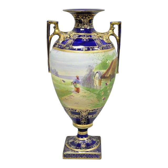 Antique Nippon Hand Painted Cobalt Blue Porcelain Twin Handle Bolted Urn Vase For Sale