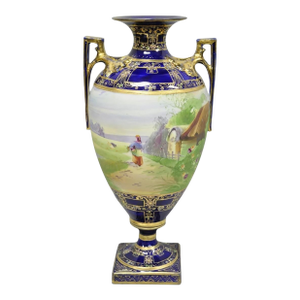 Antique Nippon Hand Painted Cobalt Blue Porcelain Twin Handle Bolted Urn Vase