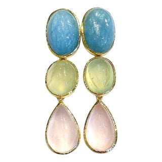 Bochic "Orient" Vintage Pink Quartz, Turquoise & Peridot Earrings 18K Gold & Silver For Sale