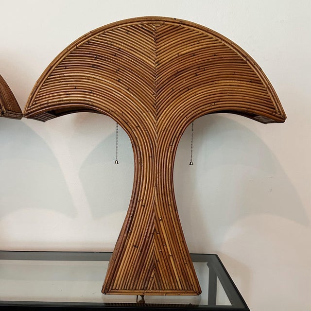 Pencil reed table Lamps in the style of Gabriella Crespi from Italy in the 1970s. The lamps are shaped like palm trees or...