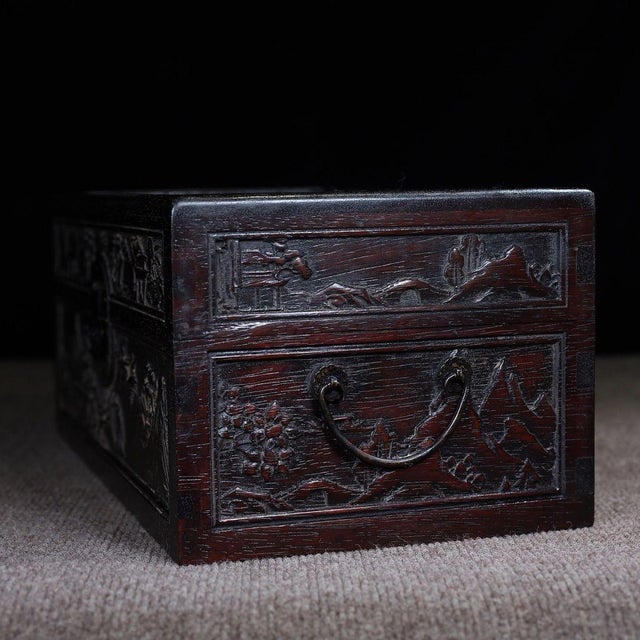 Chinese Rosewood Carved Scholar's Box With Landscape & Poetry For Sale In Los Angeles - Image 6 of 10