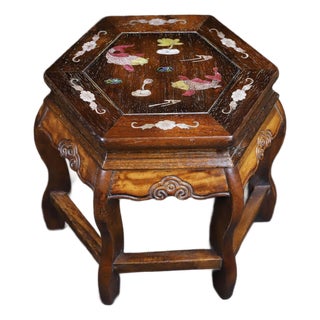 Vintage Chinese Huali Rosewood Mother-of-Pearl Inlaid "Fish & Lotus" Hexagonal Stool For Sale
