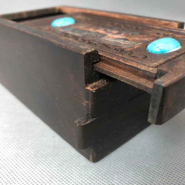 Brown Vintage Rosewood Puzzle Box With Turquoise Inlay & Hidden Lock Mechanism For Sale - Image 8 of 10