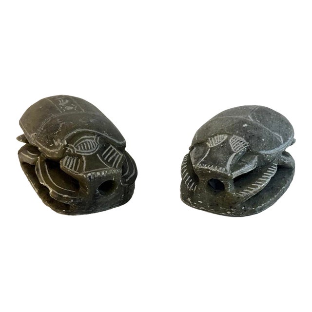 Pair Vintage Egyptian Revival Hand Carved Soap Stone Scarab Figurines With Hieroglyphics For Sale