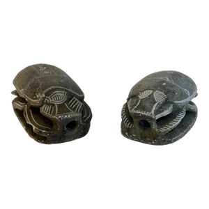 Pair Vintage Egyptian Revival Hand Carved Soap Stone Scarab Figurines With Hieroglyphics