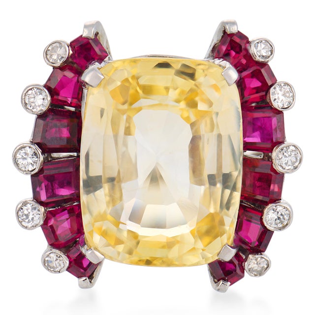 Contemporary 1950s Oscar Heyman Gia 17.33 Carat No Heat Yellow Sapphire Ruby Diamond Platinum Ring, Size 7.5 For Sale - Image 3 of 6
