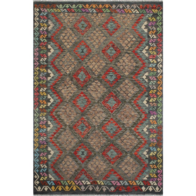 Charcoal Early 21st Century Southwestern Kilim Charcoal Green Wool Rug For Sale - Image 8 of 8