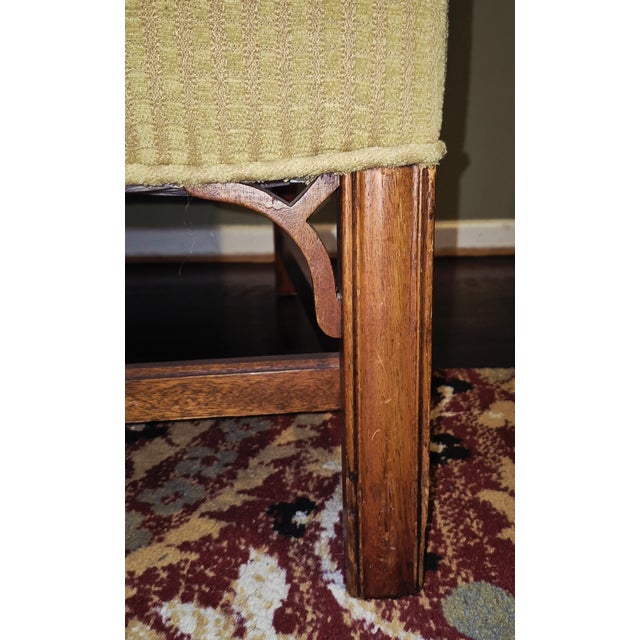 Antique Upholstered Wingback Armchair With Carved Wood Arms For Sale - Image 10 of 15