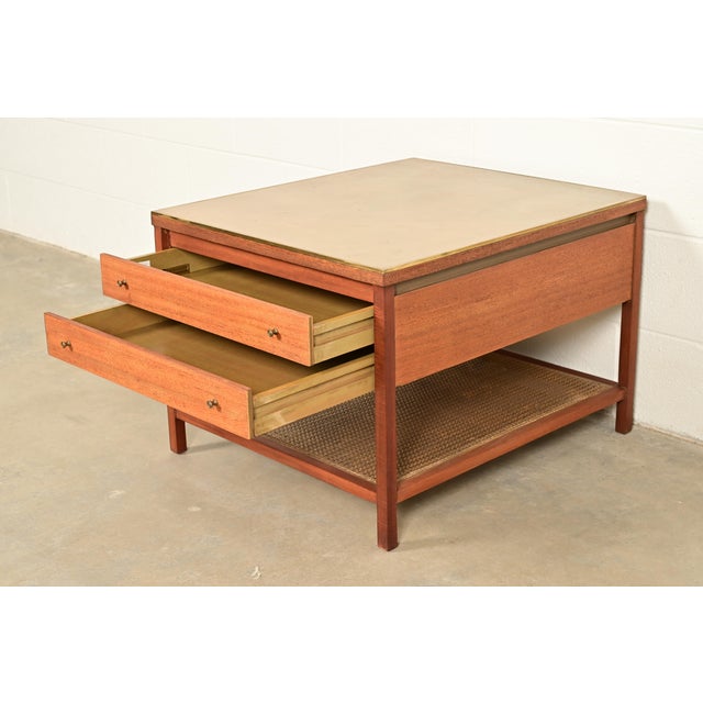 Paul McCobb Irwin Collection Mahogany, Brass, and Cane Leather Top Side Table or Nightstand, 1950s For Sale In South Bend - Image 6 of 16