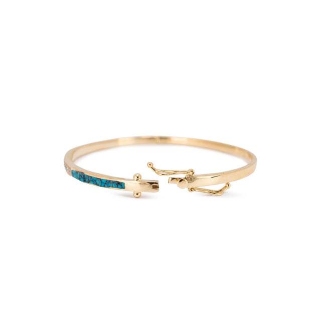 Early 21st Century Ladies 14k Yellow Gold 1.27ctw Diamonds & Turquoise Hinged Bangle Bracelet For Sale - Image 5 of 8