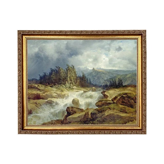 "Mountain Landscape with Rushing Stream" Contemporary Reproduction Print on Canvas, Framed 16x13 For Sale - Image 4 of 4