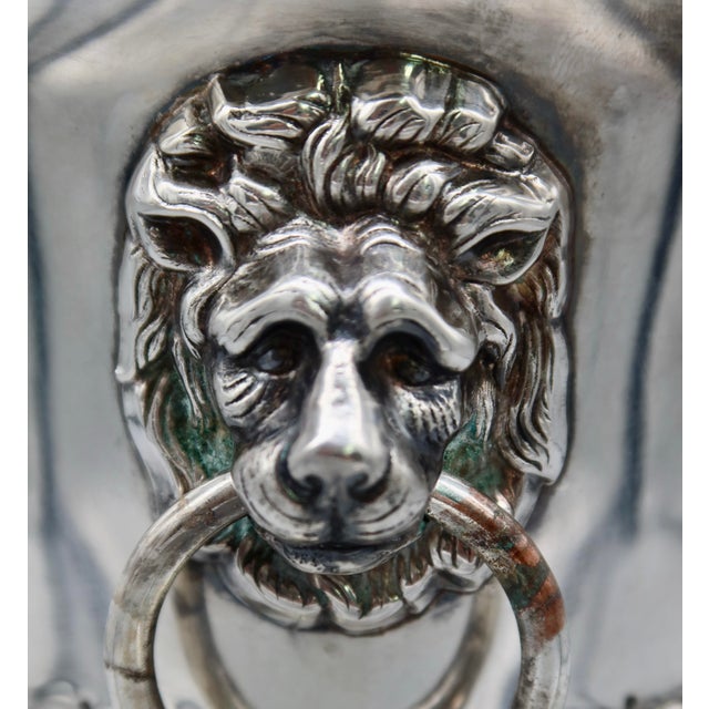 Antique English Silver Plate Champagne Bucket | Lion Mask Ring Handles | Hand Chased | Regency Style | Made in England For Sale - Image 11 of 13