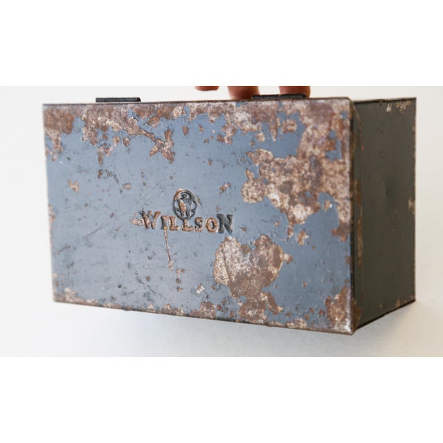 30s Vintage Industrial Metal Steel Tool Box With Rusty Patina and Chipping Black Paint For Sale - Image 16 of 17
