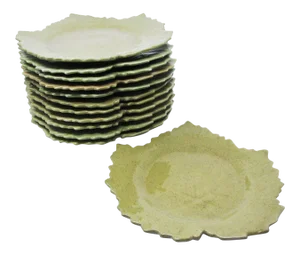 Vintage Leaf Shaped French Faience Pottery Plates in Green - Set of 12