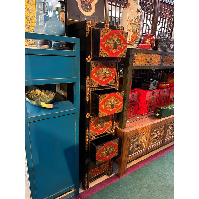 Tibetan Style Red Flower Graphic Slim Narrow 6 Drawers Storage Cabinet For Sale - Image 9 of 11