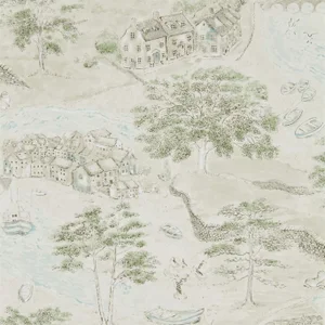 Sanderson Sea Houses Wallpaper in Green/Sand - a Sample