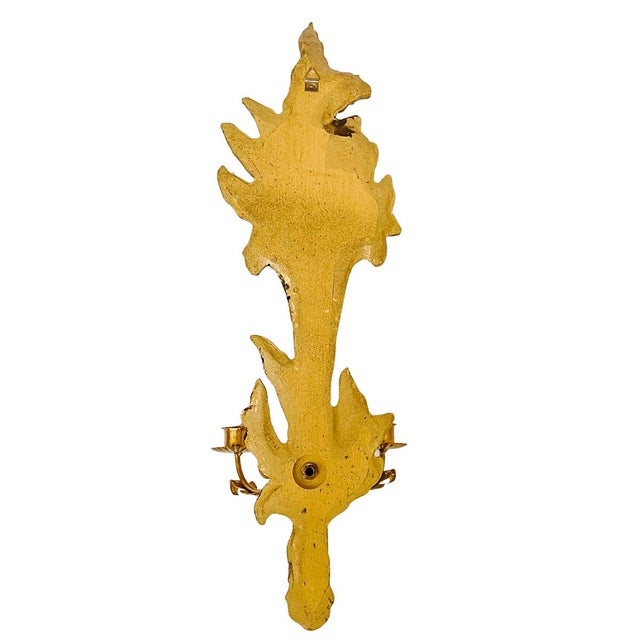 Wood 1960 Italian Rococo Giltwood & Tole Two-Arm Candlestick Wall Sconces - A Pair For Sale - Image 7 of 8