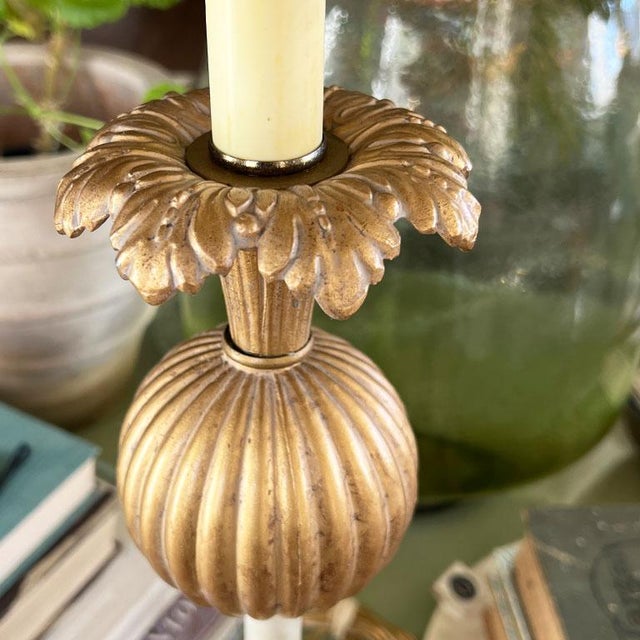 Art Nouveau Vintage Tall Gold Art Nouveau Lilly Pad Table Lamp With Gold Shade For Sale - Image 3 of 8