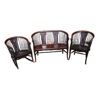 1950s Stickley & Brandt Mahogany Wood 3 Piece Curved Parlor Set Bench Chair & Rocker For Sale
