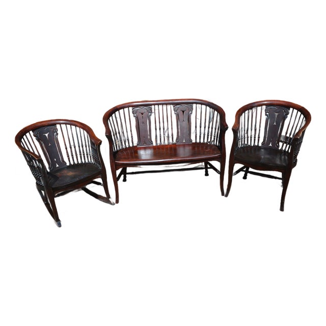 1950s Stickley & Brandt Mahogany Wood 3 Piece Curved Parlor Set Bench Chair & Rocker For Sale