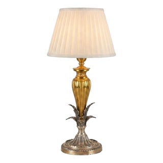 Brass and Silver-Toned Table Lamp with Leaf Base and Pleated Shade, 1960s For Sale