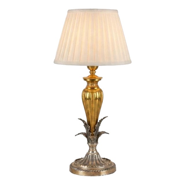 Brass and Silver-Toned Table Lamp with Leaf Base and Pleated Shade, 1960s For Sale