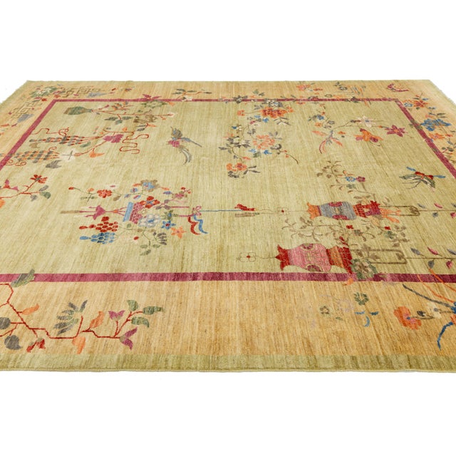 Green Sage Green Modern Chinese Style Wool Area Rug – Hand-Knotted Chinoiserie Floral For Sale - Image 8 of 11