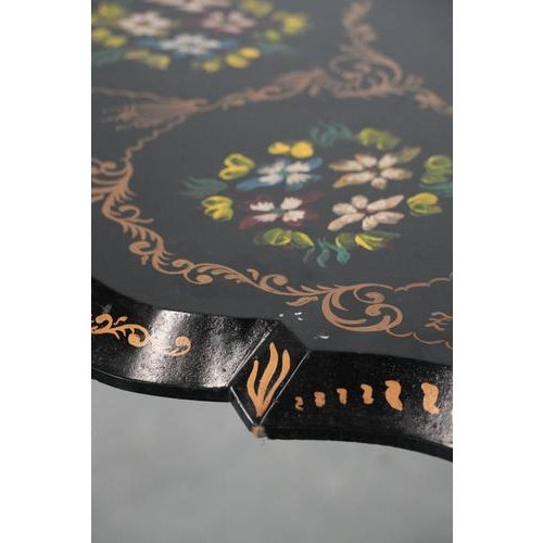Black Antique English Hand-Painted Floral Tilt-Top Table, Late 19th Century. For Sale - Image 8 of 18