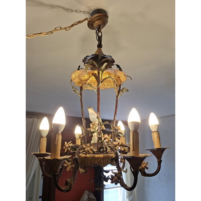 Metal Naturalistic Chandelier in Painted Sheet Metal and Saxon Porcelain, 1950s For Sale - Image 7 of 8
