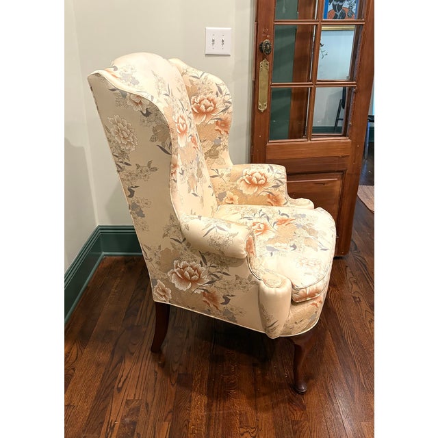 Henredon Henredon Peach Floral Wingback Chair For Sale - Image 4 of 6