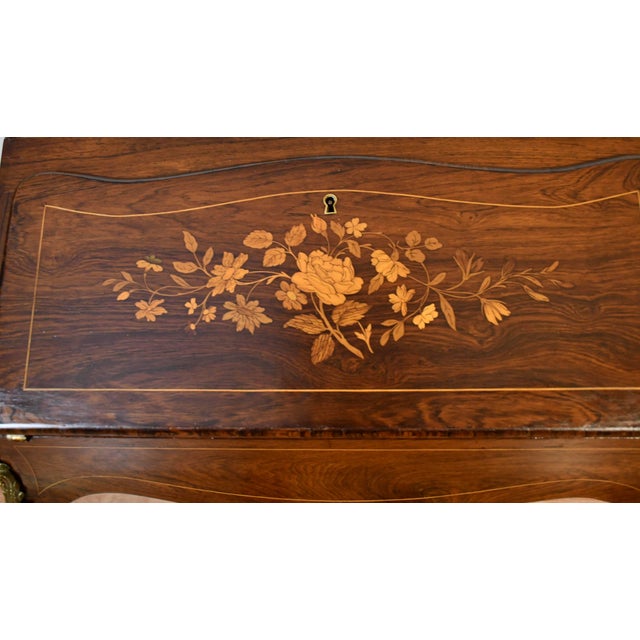 1880s Antique French Louis XV Walnut & Satinwood Inlay Secretary Ladies Desk For Sale - Image 9 of 18