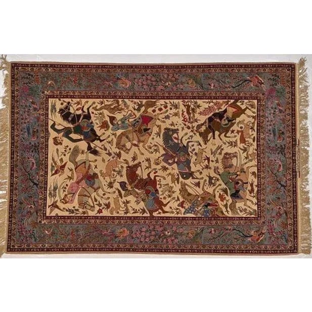This master piece is a Kork wool with silk foundation exceptionally fine Persian Hunting Isphahan carpet woven by a master...