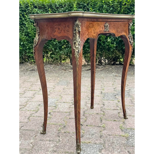 Brown 1860 French Artisan Louis XV Brown Marquetry Center Table-1 Pc For Sale - Image 8 of 17