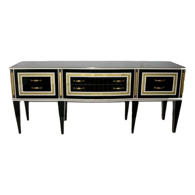1950s Italian Art Deco Style Black Glass With White and Bronze Insets Sideboard For Sale - Image 13 of 13