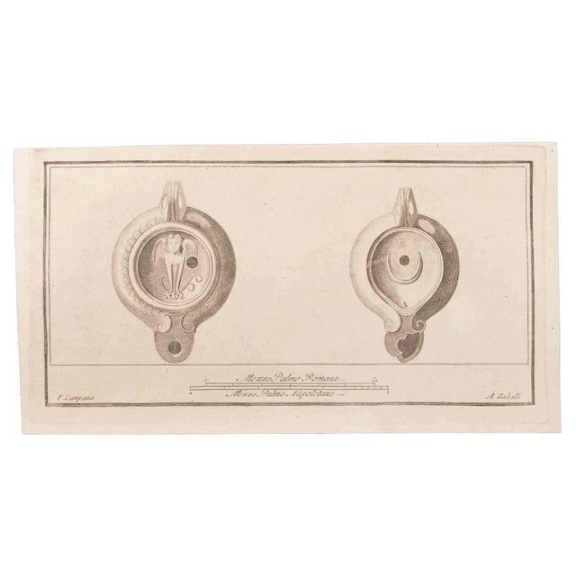 Vincenzo Campana, Oil Lamp with Decoration, Etching, 18th Century For Sale