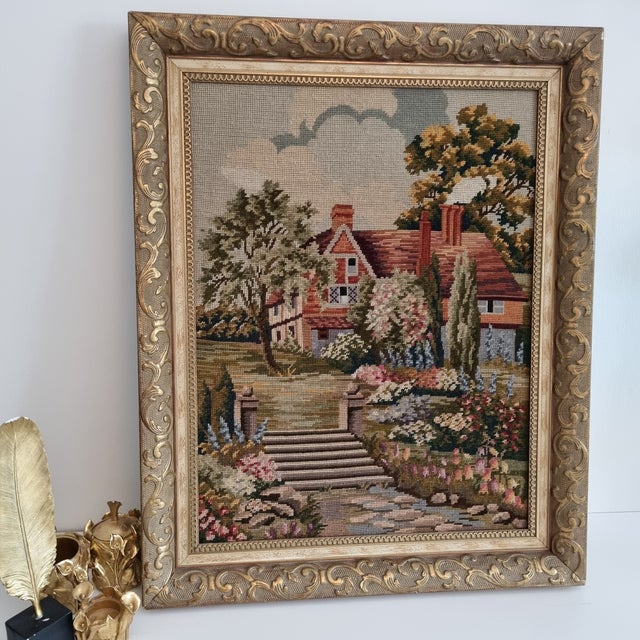 Antique Handmade Gobelin Large Victorian Needlepoint Cottage Scene Wall Art Wool Tapestry in Gilded Baroque Frame, 19th Century For Sale - Image 4 of 11