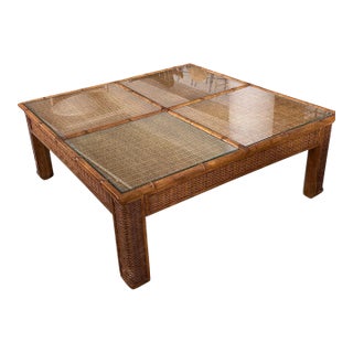 1970s Mid-Century Bamboo and Rattan Four Panel Coffee Table With Glass For Sale