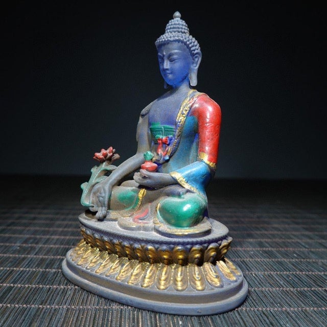 Glass Vintage Liuli Glass Medicine Buddha Statue With Polychrome Decoration For Sale - Image 7 of 9