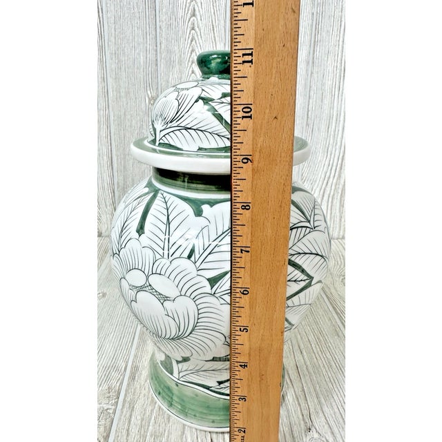 Vintage Chinoiserie Sage Green White Lotus Flower Lidded Ginger Jar For Sale - Image 6 of 7