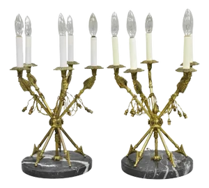 Mid 20th Century Vintage French Neoclassical Brass "Arrow" Marble Candelabra Table Lamps - A Pair