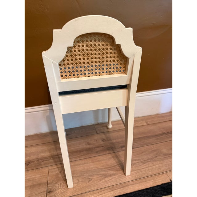 Vintage Cane and Wood Vanity Chair With Custom Blue Leather Tufted Cushion For Sale - Image 11 of 15