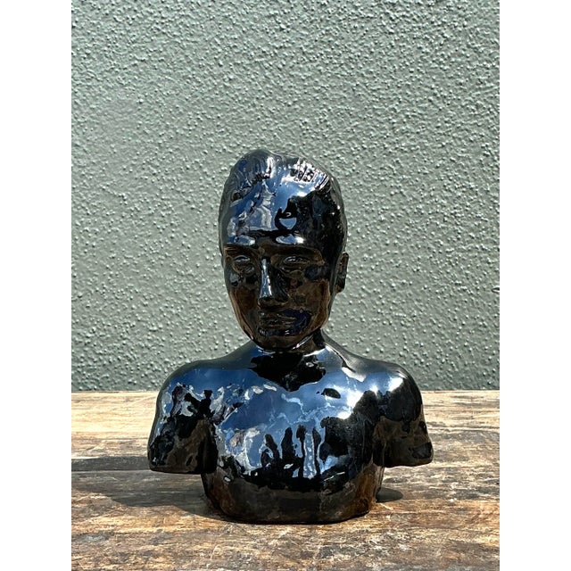 Vintage Glazed Ceramic Bust of Man For Sale - Image 4 of 12