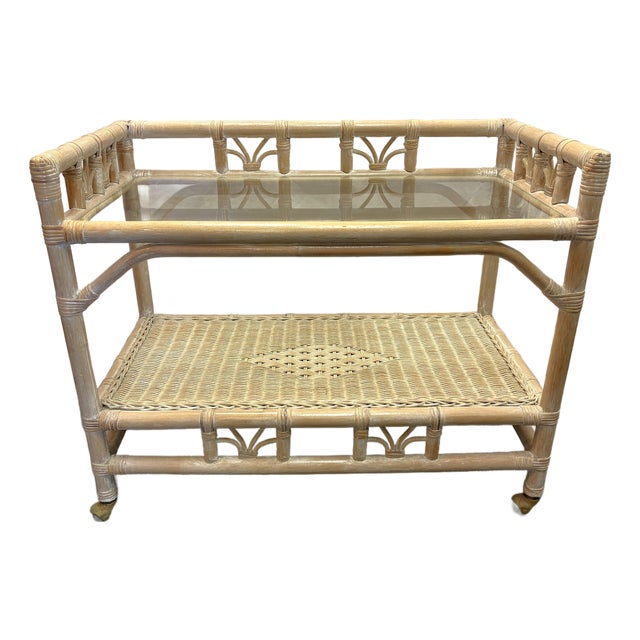 Vintage Palm Beach Chic Ficks Reed Style Rattan and Glass Rolling Bar Cart For Sale
