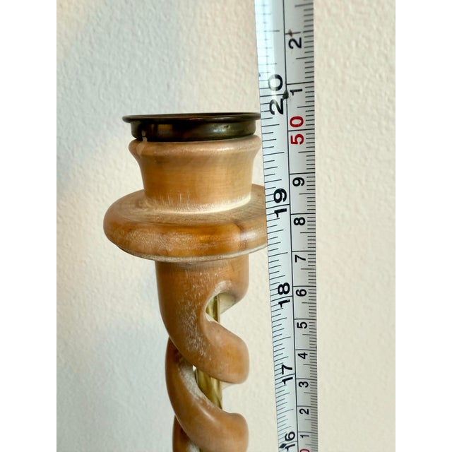 Spanish Vintage Barley Twist White Oak Wood/Brass Candle Holder Made in Spain 20” Tall For Sale - Image 3 of 10