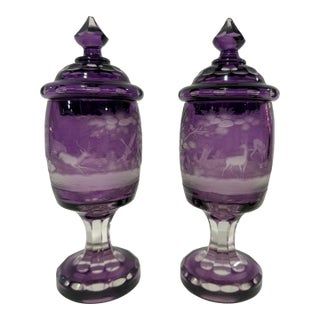 Pair of Bohemian Amethyst Engraved Covered Beakers, Late 19th Century For Sale